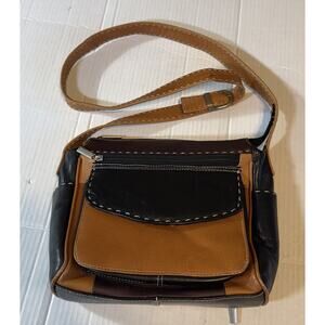 Laviva Leather Shoulder Bag Brown Black Front Pocket Adjustable Strap Whipstitch